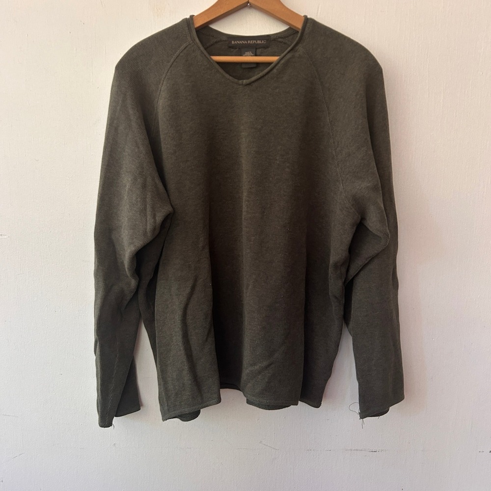 Banana Republic Roll Neck Sweater Mens Medium Olive Green V-Neck Cotton Preppy
